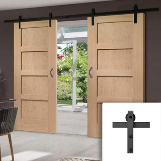 Image: Double Sliding Door & Black Barn Track - 4 Panel Shaker Oak Solid Doors - Unfinished