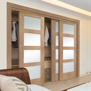 Image: Three Sliding Maximal Wardrobe Doors & Frame Kit - Shaker Oak 4 Pane Door - Obscure Glass - Prefinished
