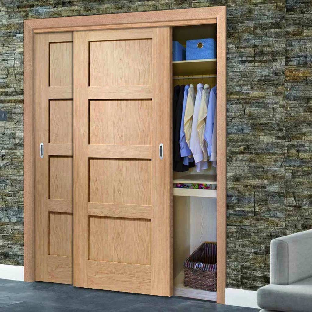Two Sliding Maximal Wardrobe Doors & Frame Kit - Shaker Oak 4 Panel Door - Prefinished