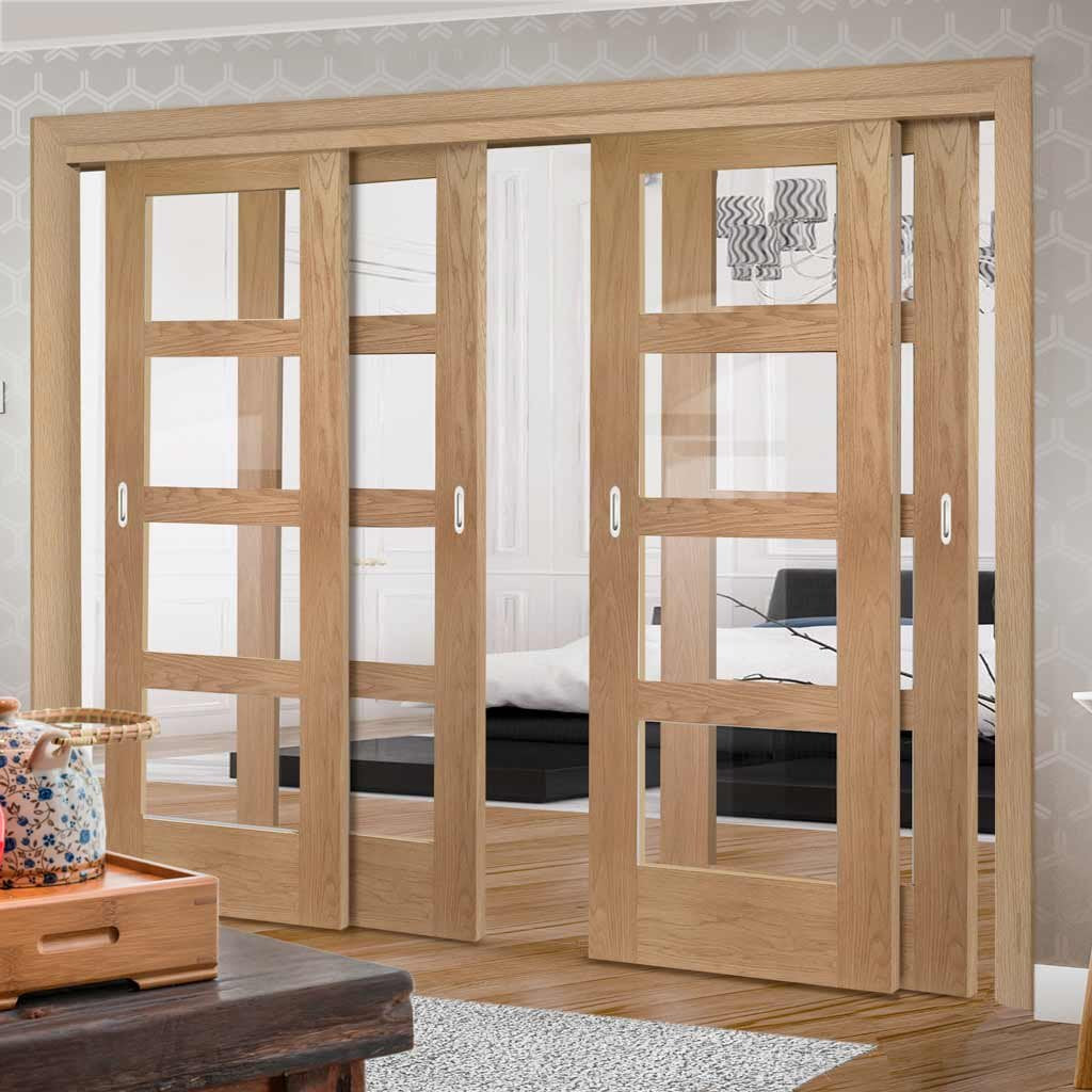 Four Sliding Doors and Frame Kit - Shaker Oak 4 Pane Door - Clear Glass - Unfinished