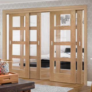 Image: Four Sliding Doors and Frame Kit - Shaker Oak 4 Pane Door - Clear Glass - Unfinished