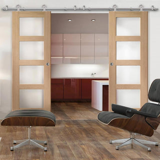 Image: Sirius Tubular Stainless Steel Sliding Track & Shaker Oak Double Door - Obscure Glass - Unfinished