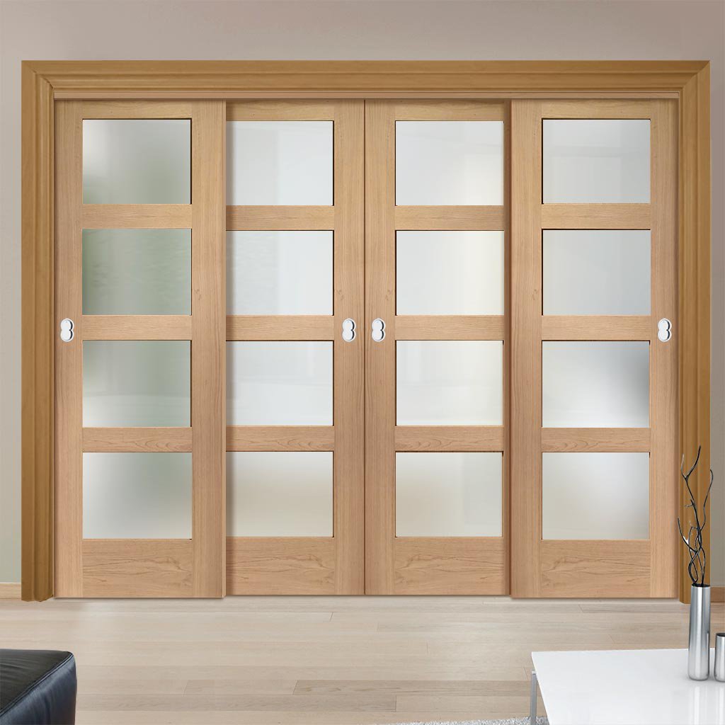 Four Sliding Doors and Frame Kit - Shaker Oak Door - Obscure Glass - Unfinished