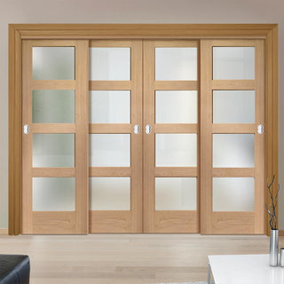 Image: Four Sliding Doors and Frame Kit - Shaker Oak Door - Obscure Glass - Unfinished