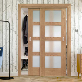 Image: Two Sliding Wardrobe Doors & Frame Kit - Shaker Oak Door - Obscure Glass - Unfinished