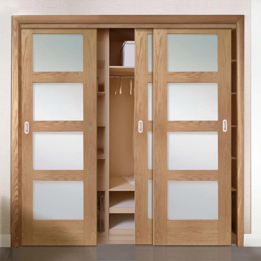 Three Sliding Wardrobe Doors & Frame Kit - Shaker Oak Door - Obscure Glass - Unfinished