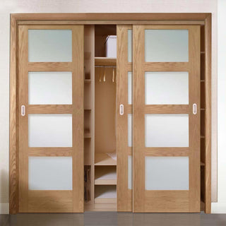 Image: Three Sliding Wardrobe Doors & Frame Kit - Shaker Oak Door - Obscure Glass - Unfinished