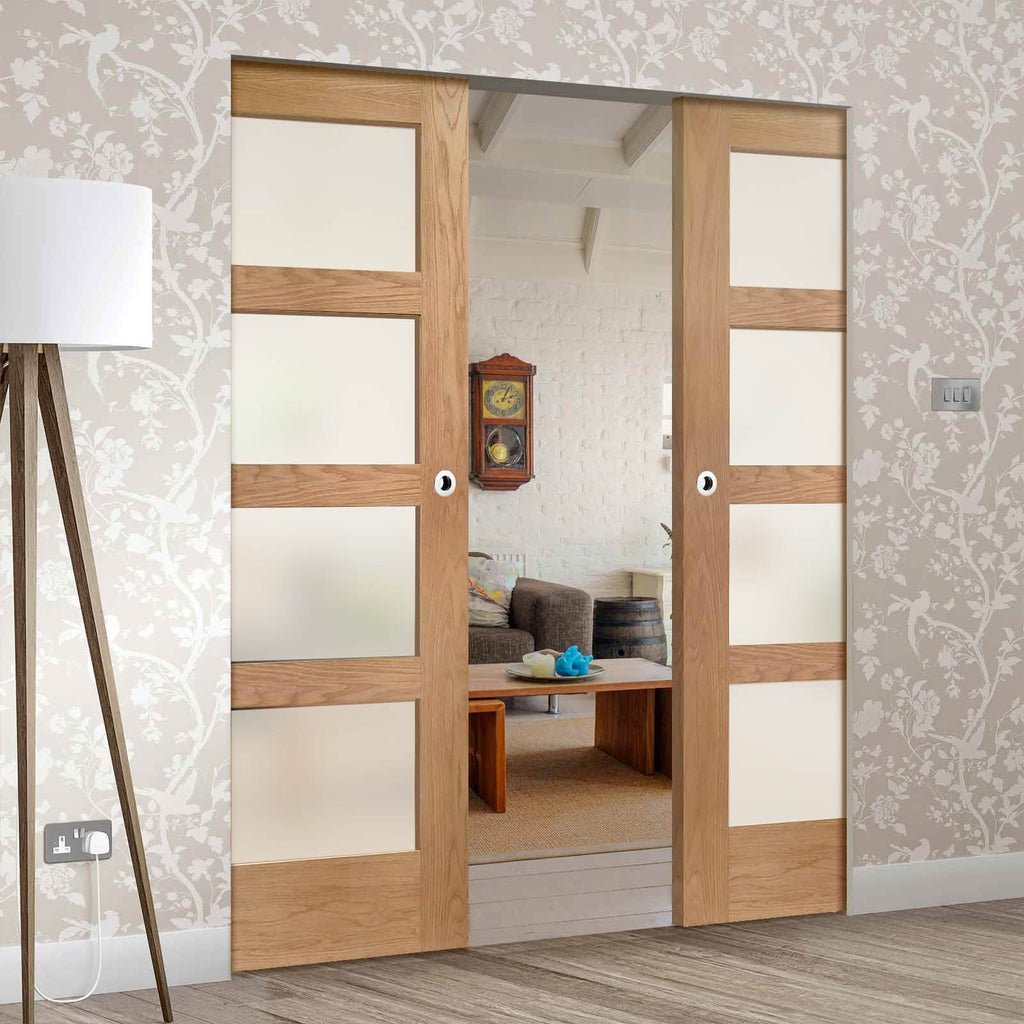 Bespoke Shaker Oak 4L Glazed Double Frameless Pocket Door - Prefinished