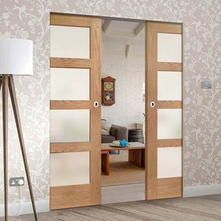 Image: Bespoke Shaker Oak 4L Glazed Double Frameless Pocket Door - Prefinished