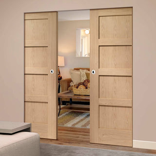 Image: Bespoke Shaker Oak 4 Panel Double Frameless Pocket Door - Prefinished