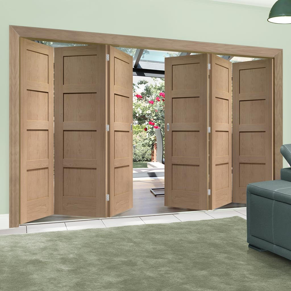 Six Folding Doors & Frame Kit - Shaker Oak 4 Panel Solid 3+3 - Unfinished