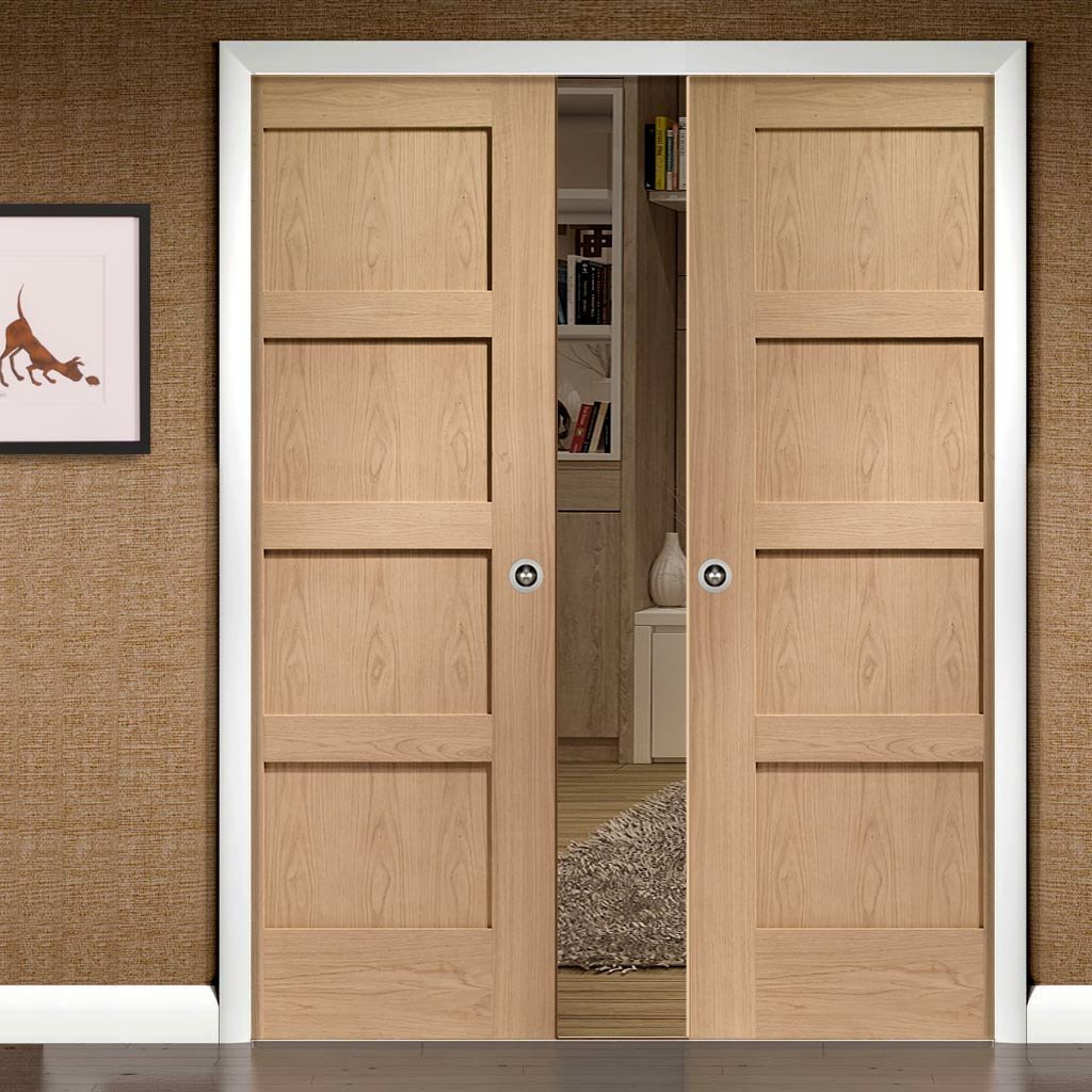 Shaker Oak 4 Panel Double Evokit Pocket Doors - Prefinished