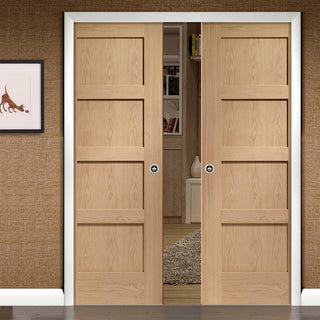 Image: Shaker Oak 4 Panel Double Evokit Pocket Doors - Prefinished