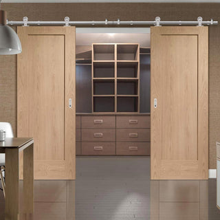 Image: Sirius Tubular Stainless Steel Sliding Track & Pattern 10 Oak 1 Panel Double Door - Prefinished