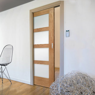 Image: Shaker Oak 4 Pane Single Evokit Pocket Door - Frosted Glass - Prefinished