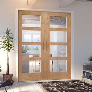 Image: Shaker Oak 4 Pane Internal Door Pair - Clear Glass - Prefinished