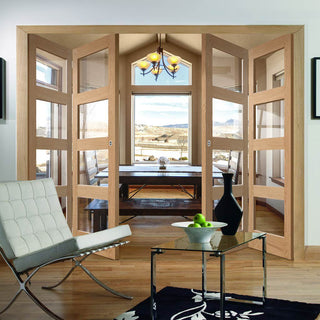 Image: Four Folding Doors & Frame Kit - Shaker Oak 4 Pane 2+2 - Clear Glass - Prefinished
