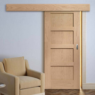 Image: Single Sliding Door & Wall Track - Shaker Oak 4 Panel Door - Prefinished