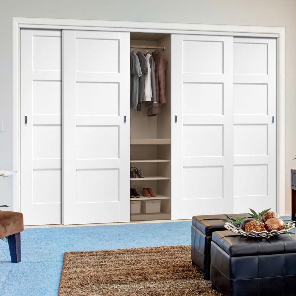 Four Sliding Wardrobe Doors & Frame Kit - Shaker 4P Door - White Primed