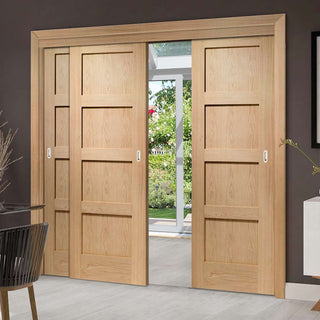 Image: Bespoke Thruslide Shaker Oak 4 Panel - 3 Sliding Doors and Frame Kit