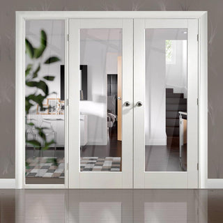 Image: ThruEasi White Room Divider - Pattern 10 Clear Glass Primed Door Pair with Full Glass Side