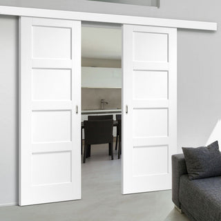 Image: Double Sliding Door & Wall Track - Shaker 4P Door - White Primed