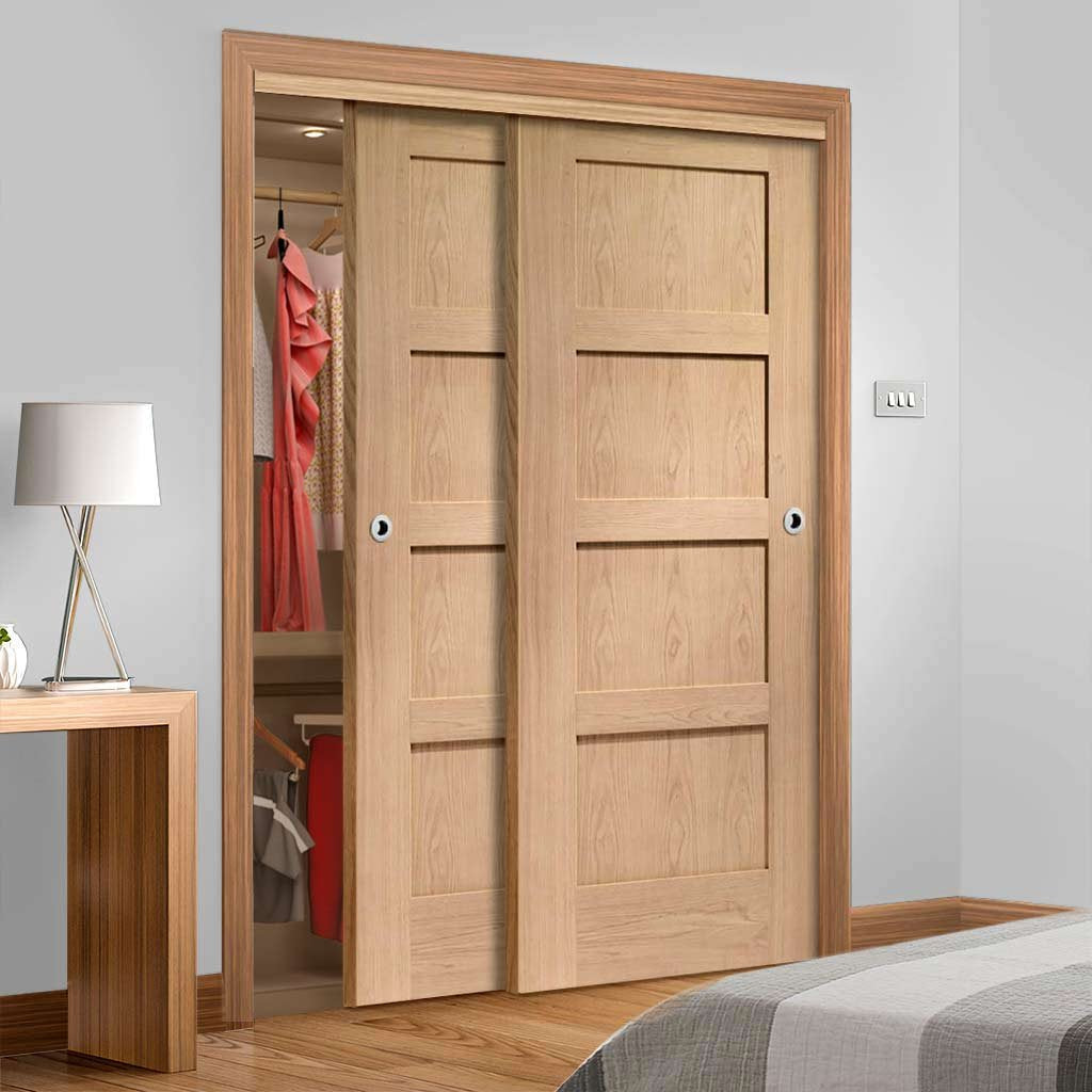 Bespoke Thruslide Shaker Oak 4 Panel 2 Door Wardrobe and Frame Kit