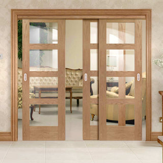 Image: Three Sliding Doors and Frame Kit - Shaker Oak 4 Pane Door - Clear Glass - Unfinished