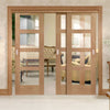 Three Sliding Doors and Frame Kit - Shaker Oak 4 Pane Door - Clear Glass - Unfinished