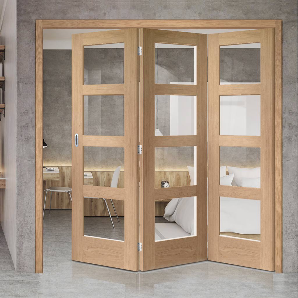 Three Folding Doors & Frame Kit - Shaker Oak 4 Pane 3+0 - Clear Glass - Unfinished