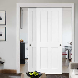 Image: Pass-Easi Two Sliding Doors and Frame Kit - Victorian Shaker 4 Panel Door - White Primed
