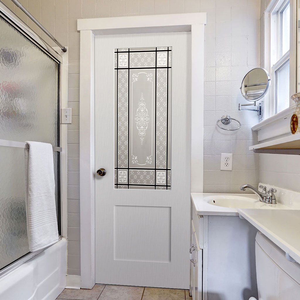 Shaker Lightly Grained PVC Door Sandblasted Glass with Victorian Desi