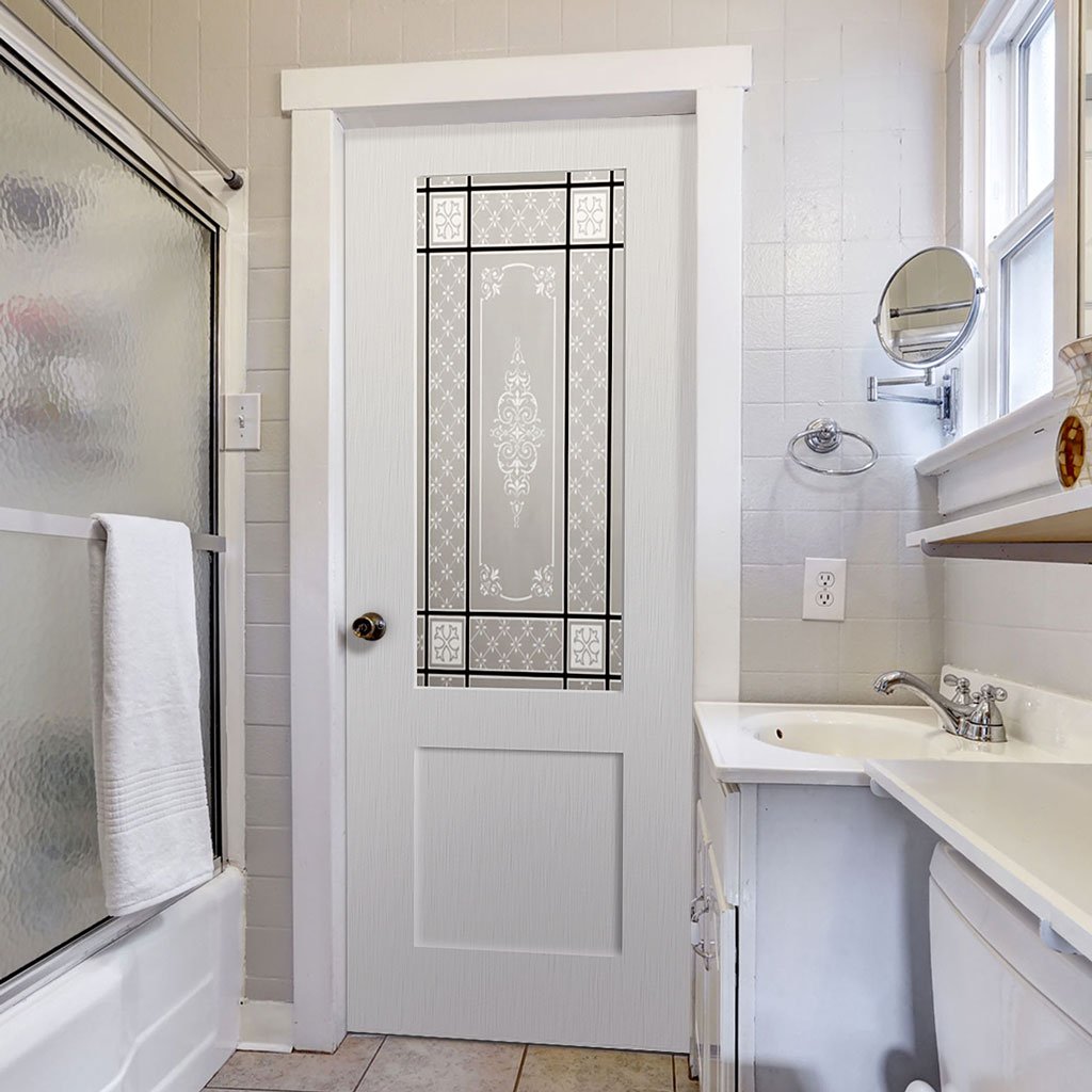White PVC shaker door with lightly grained faces victorian style toughened glass 