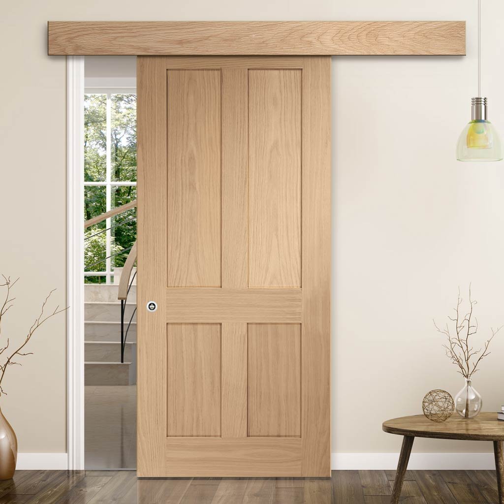 Single Sliding Door & Wall Track - Victorian 4 Panel Oak Shaker Door