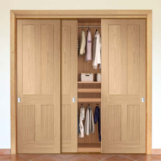 Image: Bespoke Thruslide Victorian 4P Oak Shaker 3 Door Wardrobe and Frame Kit