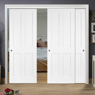 Image: Bespoke Thruslide Victorian Shaker 4P - 3 Sliding Doors and Frame Kit - White Primed