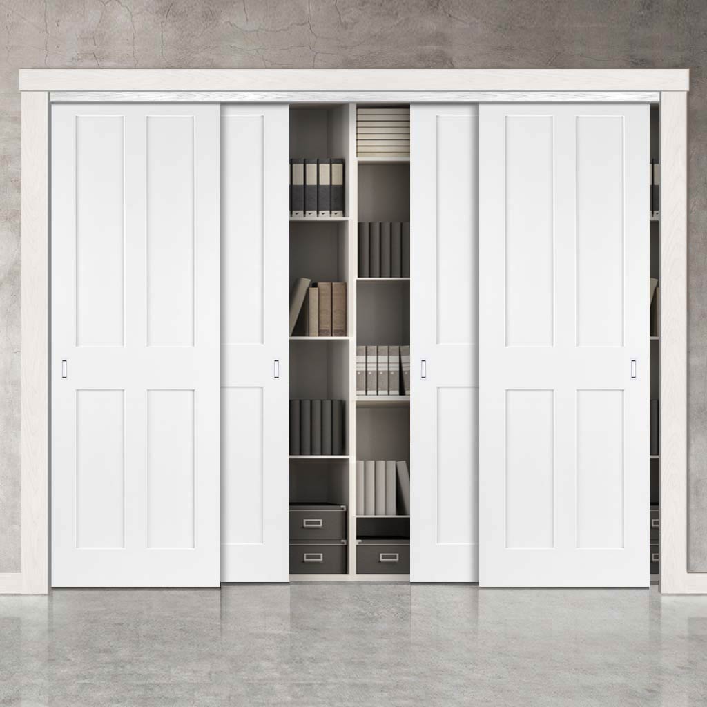 Four Sliding Maximal Wardrobe Doors & Frame Kit - Victorian Shaker 4 Panel Door - White Primed