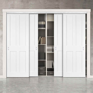 Image: Four Sliding Maximal Wardrobe Doors & Frame Kit - Victorian Shaker 4 Panel Door - White Primed