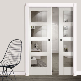 Image: Shaker 4 Pane Double Evokit Pocket Doors - Clear Glass - Primed