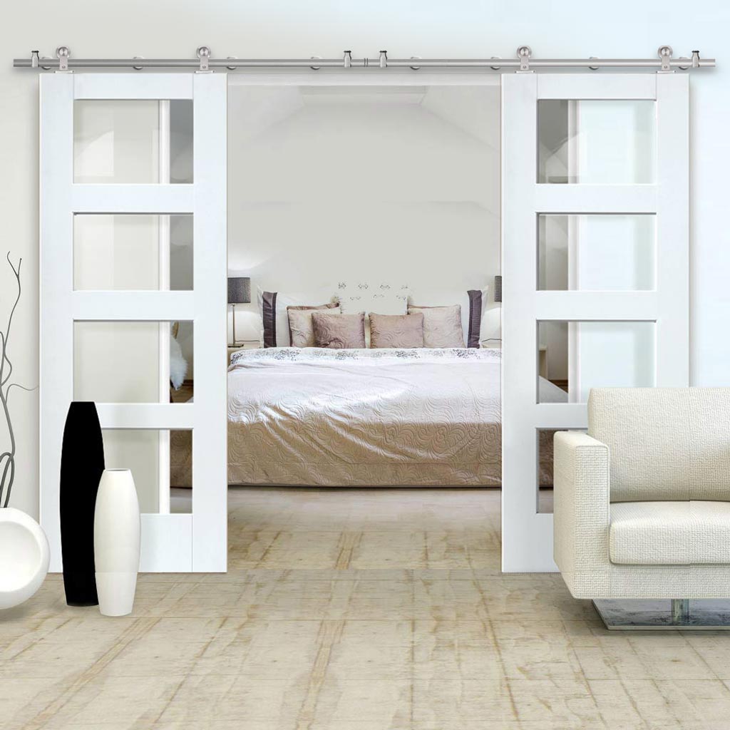 Sirius Tubular Stainless Steel Sliding Track & Shaker 4 Pane Double Door - Clear Glass - White Primed