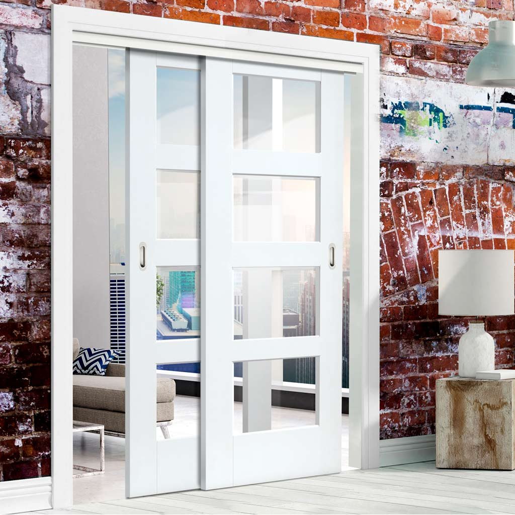 Two Sliding Doors and Frame Kit - Shaker 4L Door - Clear Glass - White Primed