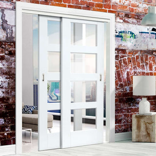 Image: Two Sliding Doors and Frame Kit - Shaker 4L Door - Clear Glass - White Primed