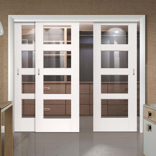 Image: Three Sliding Doors and Frame Kit - Shaker 4L Door - Clear Glass - White Primed
