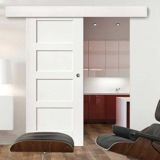 Image: Single Sliding Door & Wall Track - Shaker 4  Panel Door - White Primed