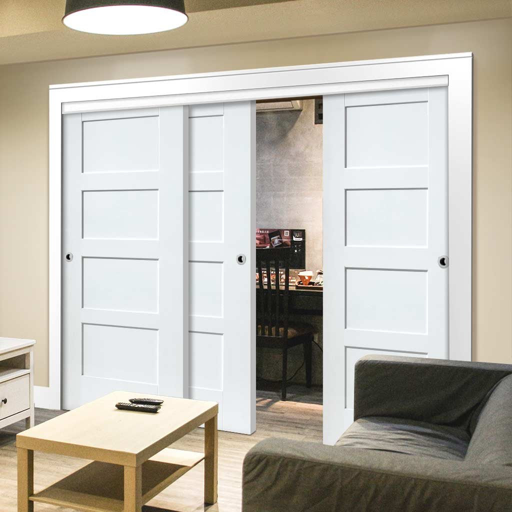 Bespoke Thruslide Shaker 4P - 3 Sliding Doors and Frame Kit - White Primed