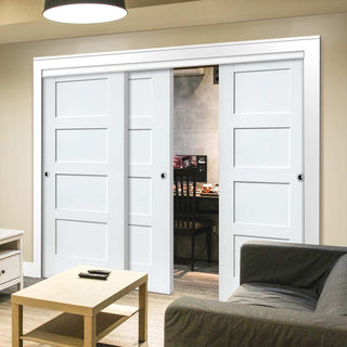 Image: Three Sliding Doors and Frame Kit - Shaker Door - White Primed