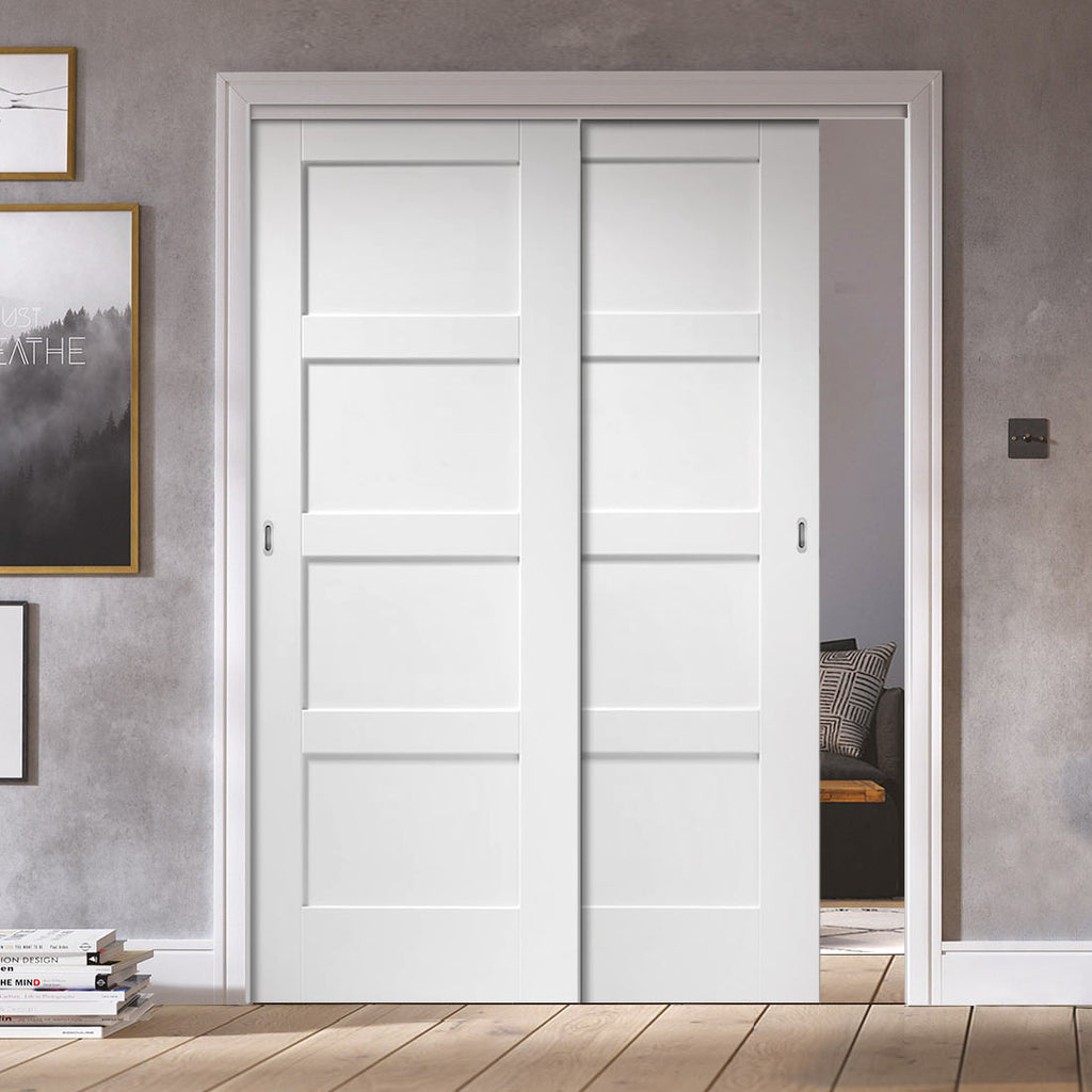 Two Sliding Doors and Frame Kit - Shaker 4P Door - White Primed