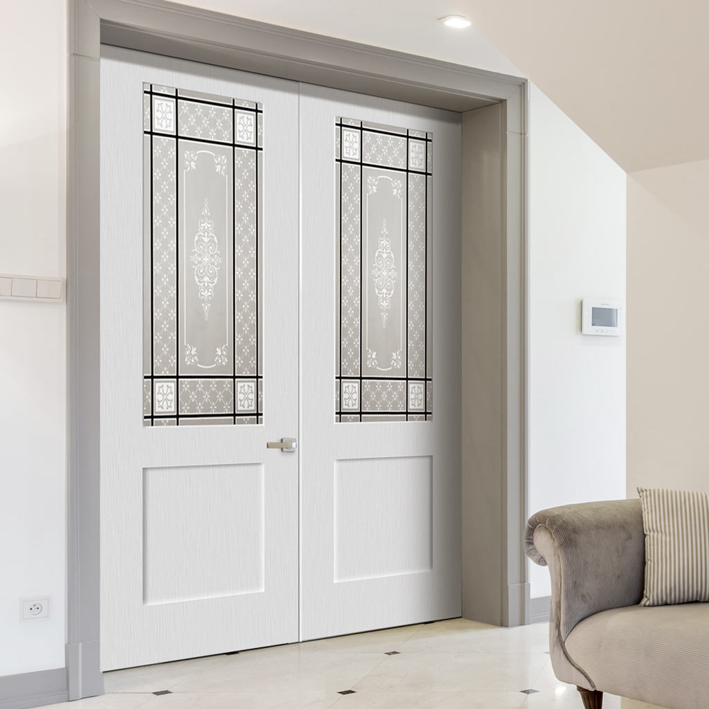 Shaker Lightly Grained Internal PVC Door Pair - Sandblasted Class with Victorian Design