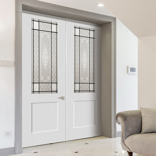 Image: Shaker Lightly Grained Internal PVC Door Pair - Sandblasted Class with Victorian Design