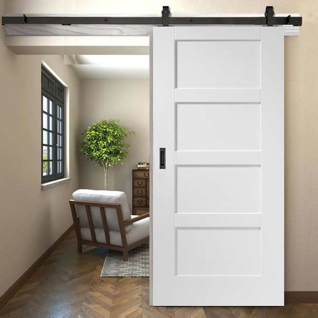 Top Mounted Black Sliding Track & Door - Shaker 4 Panel Door - White Primed